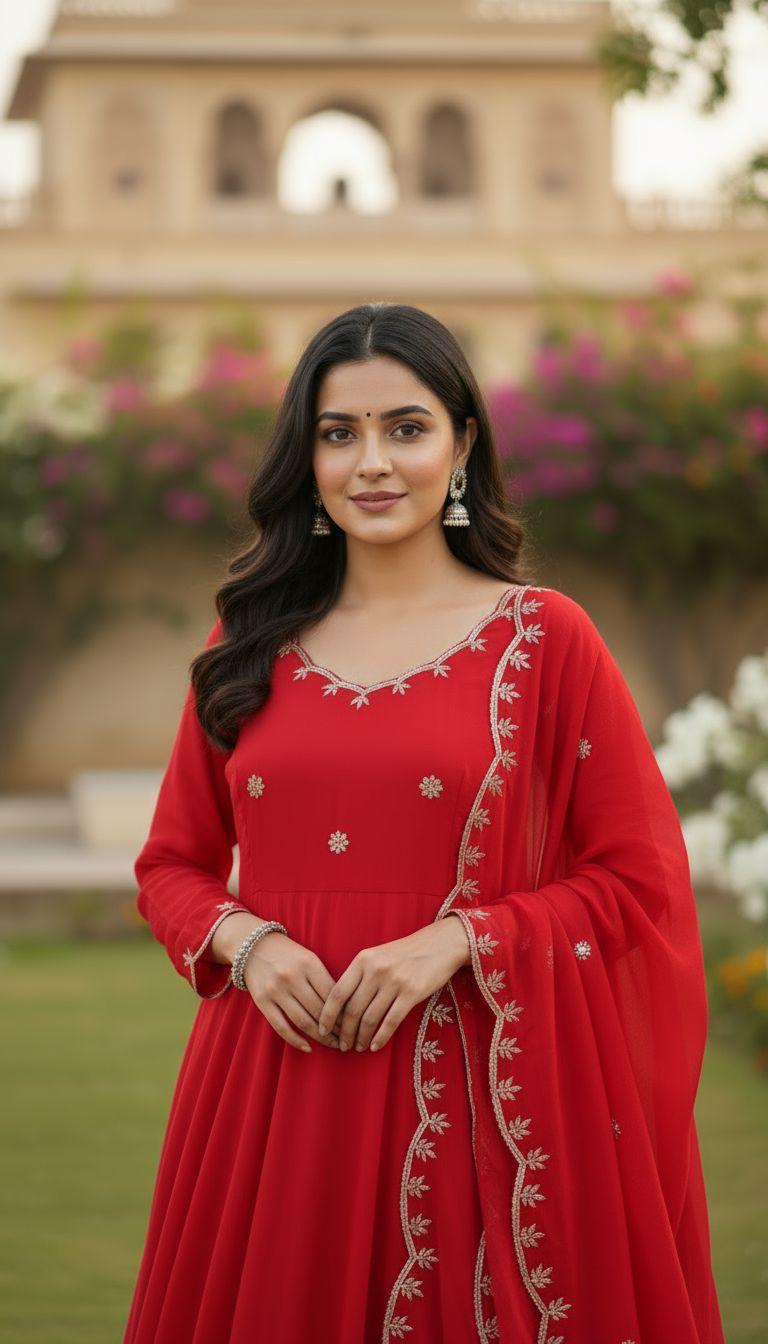 Red Scarlet Blossom Anarkali Gown Set Karwa Chauth Edition