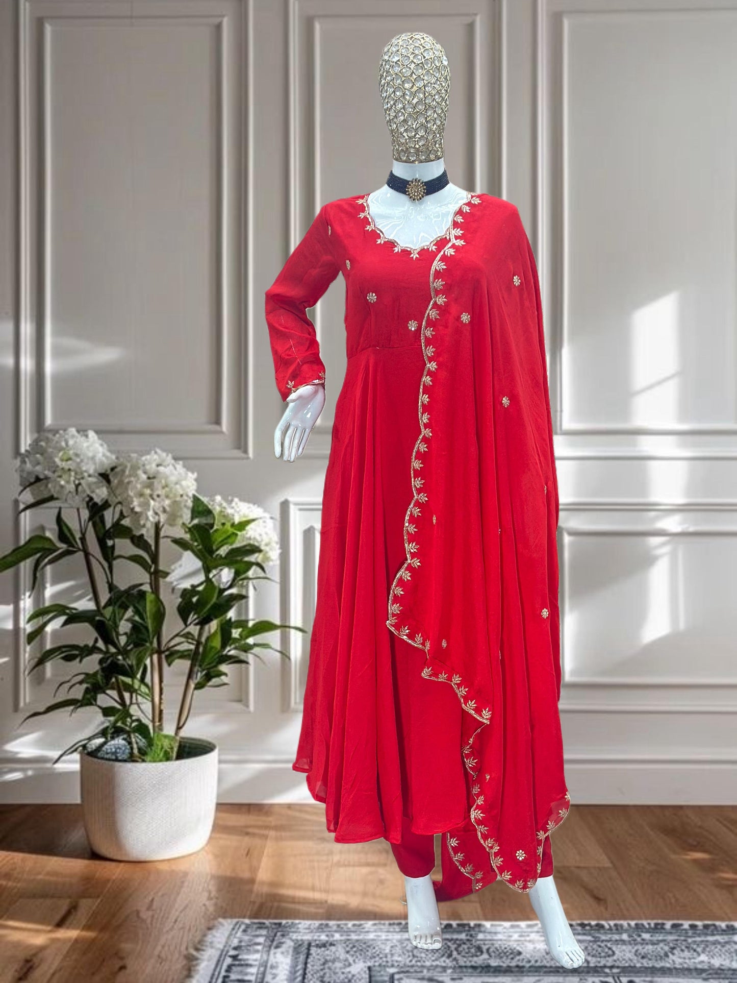 Red Scarlet Blossom Anarkali Gown Set Karwa Chauth Edition