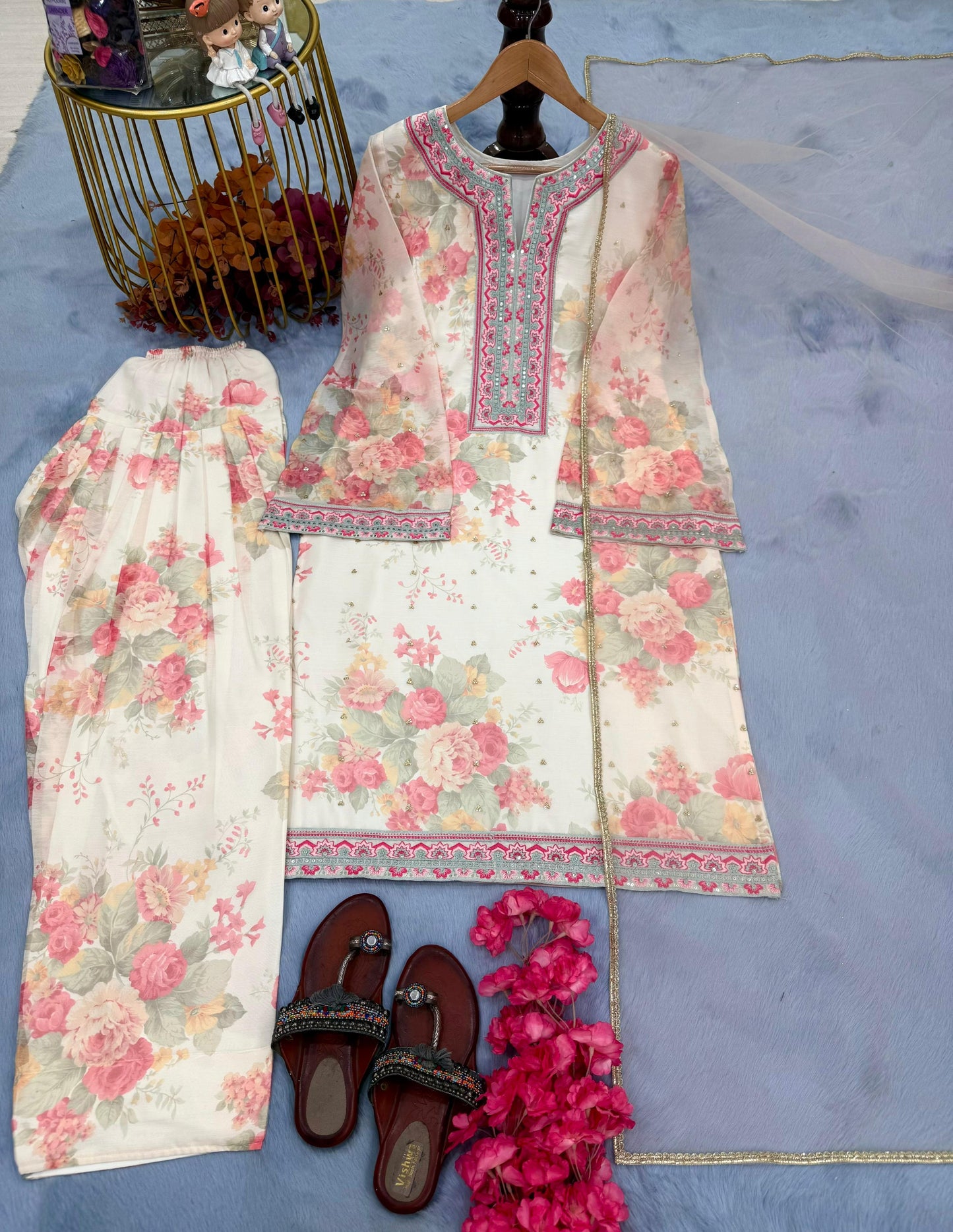 Beige Elegant Farshi Salwar Set Designer Party Wear Pur Chiffon Georgette Top & Farshi Palazzo ,Dupatta