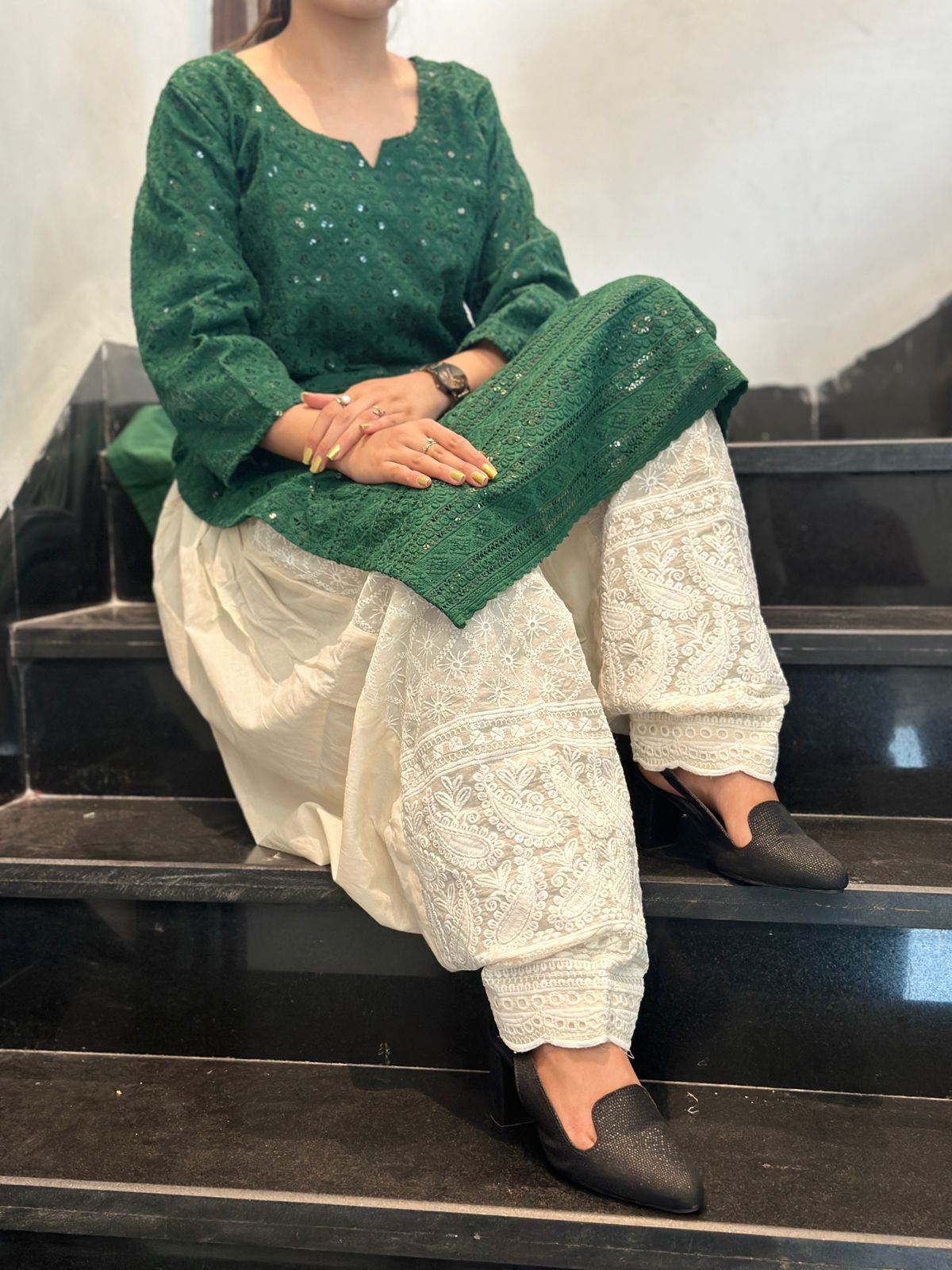 Green Graceful Cotton Chikankari Kurti with Afghani Salwar Set