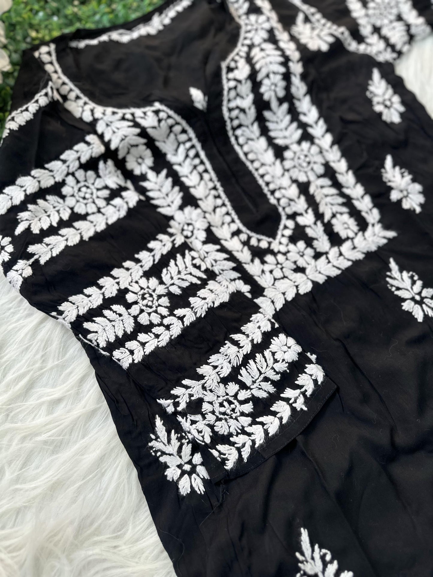 Elegant Black and White Lucknow Chikankari Modal Nyra Cut Set