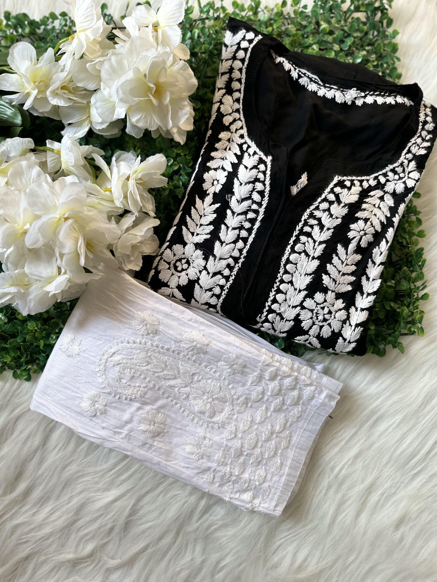 Elegant Black and White Lucknow Chikankari Modal Nyra Cut Set