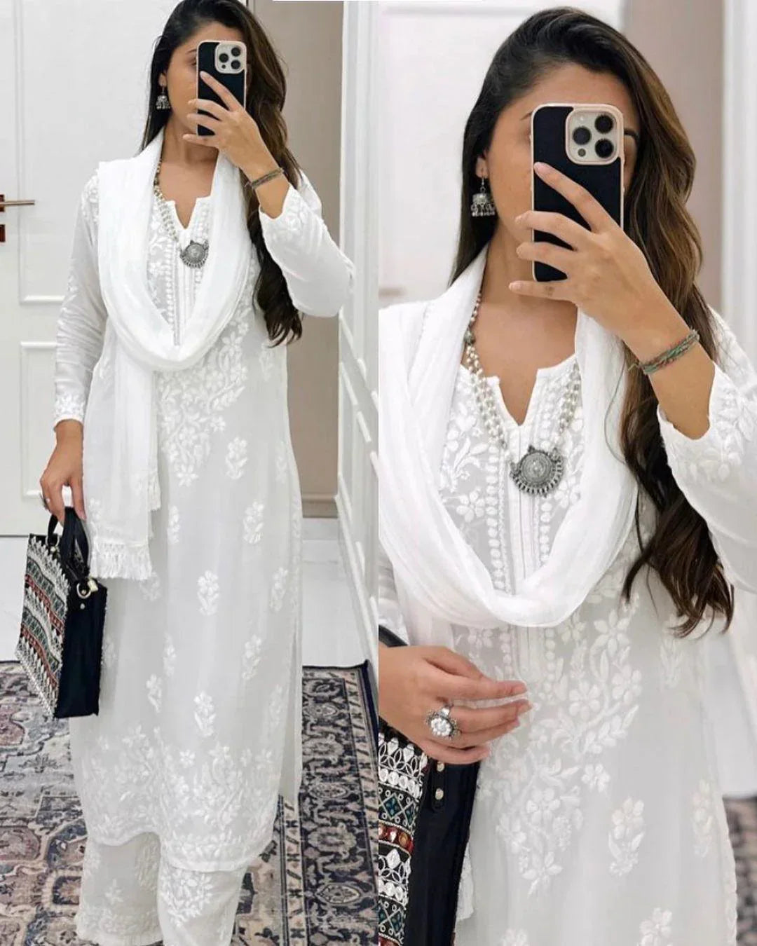 Best Value Combo White Chikankari Set + Lavendar Chikankari Elegance Ombré Mirror Set ( Lavendar / White )