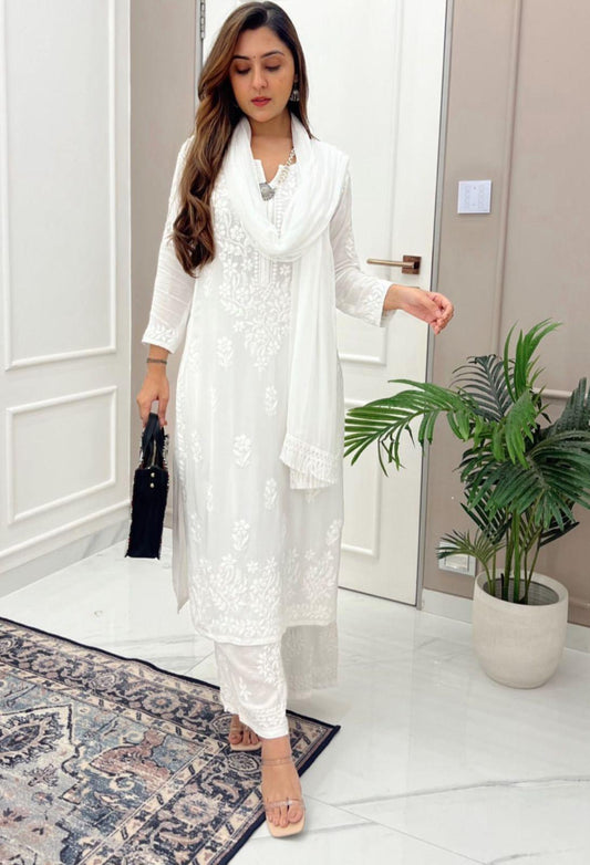 Classic White Ethereal Dyeble Chikankari Kurta Set Upto 5 XL