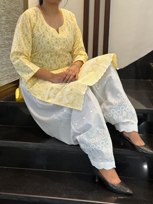 Yellow Design 2 Punjabi Cotton Chikankari Kurti with Golden Sequin Patiala Salwar Set (Up to 4XL)