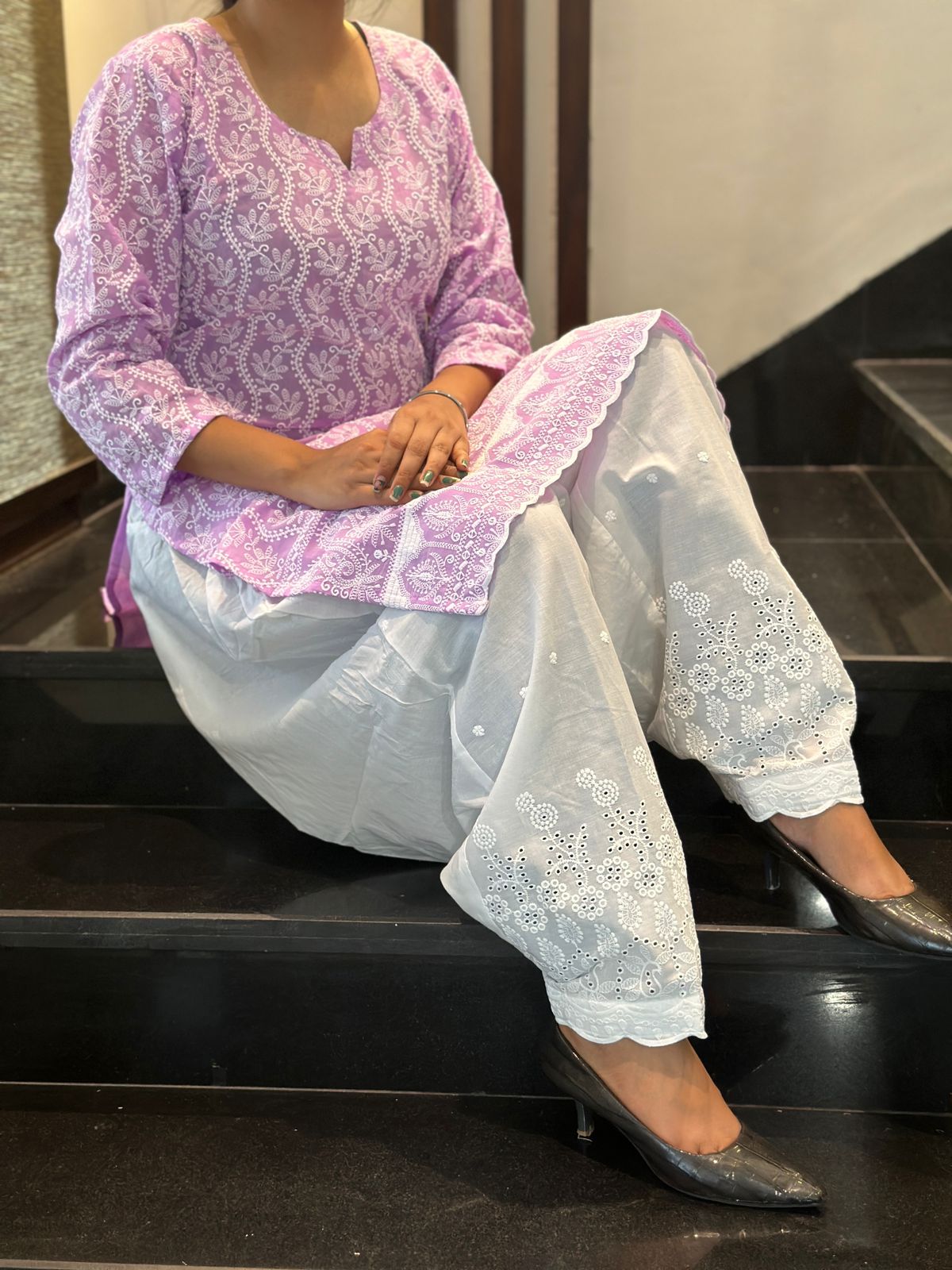 Light Pink Punjabi Cotton Chikankari Kurti with Golden Sequin Patiala Salwar Set (Up to 4XL)