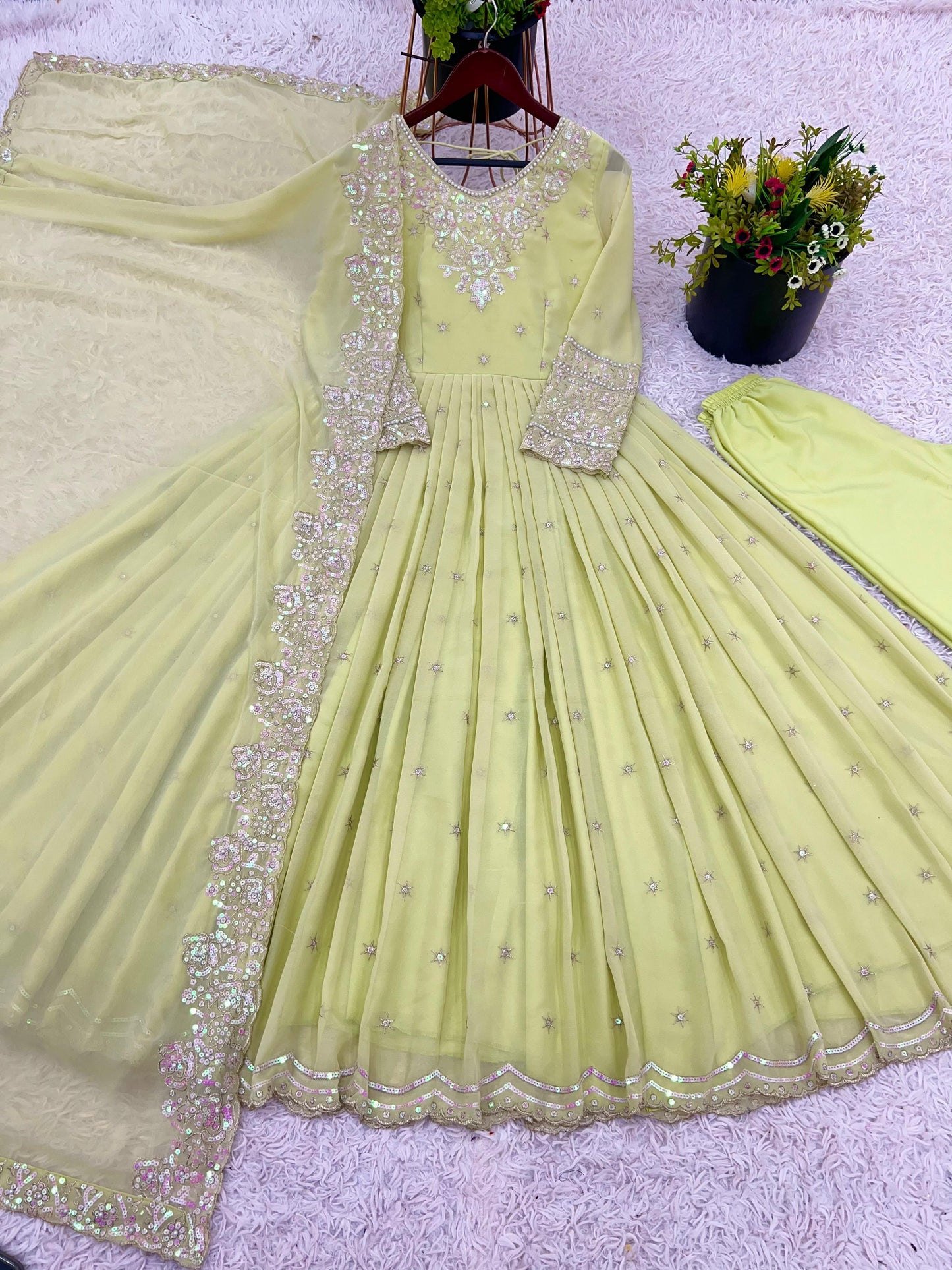 Green Embroidered Georgette Women's Party Wear Gown Set