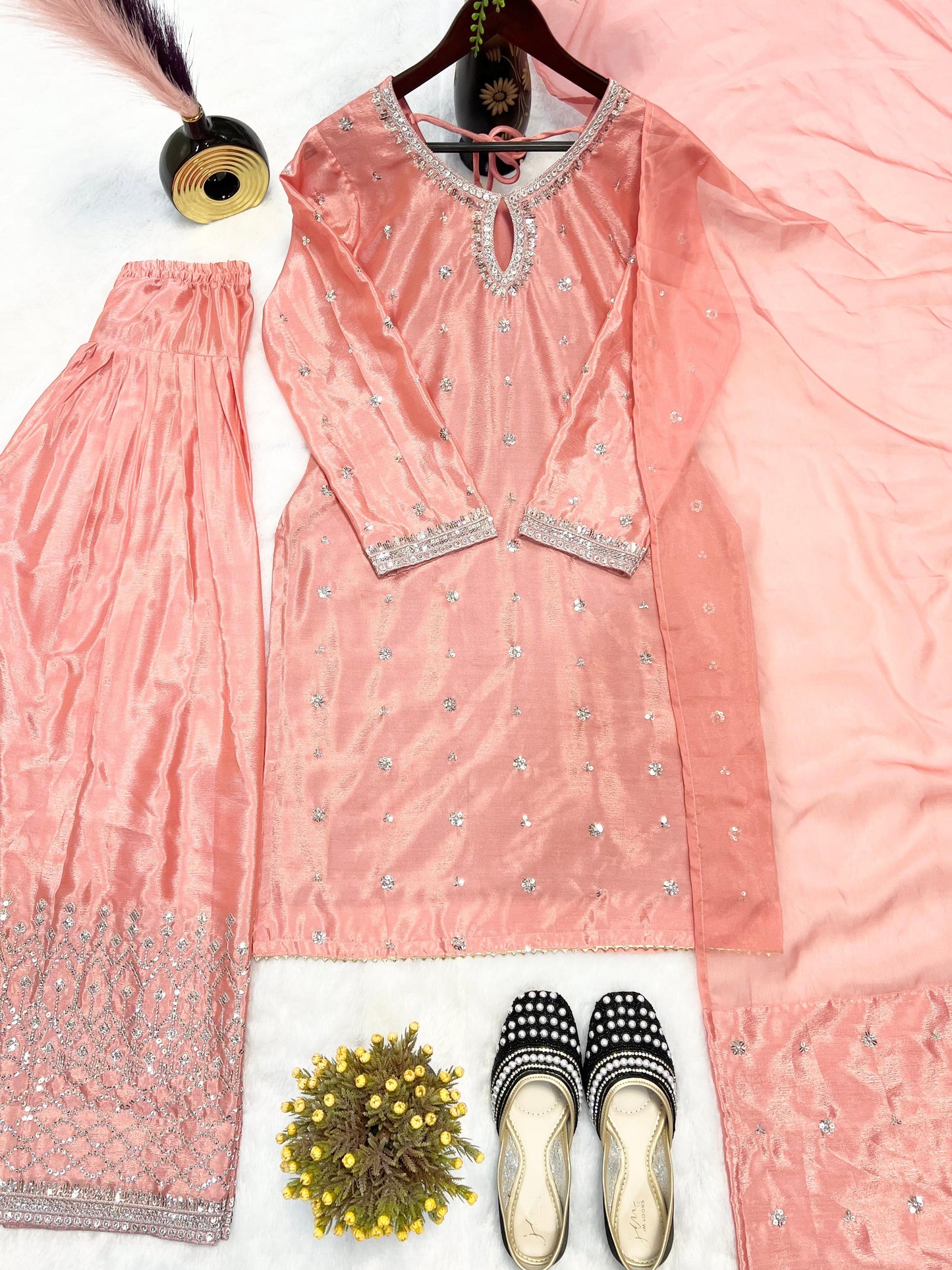 Peach Shehnai Designer Farshi Salwar Suit with Multi-Work Embroidery