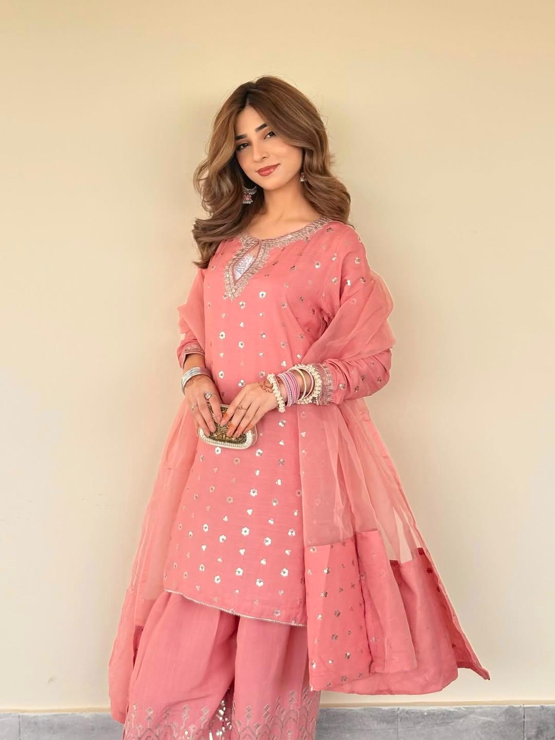 Peach Shehnai Designer Farshi Salwar Suit with Multi-Work Embroidery