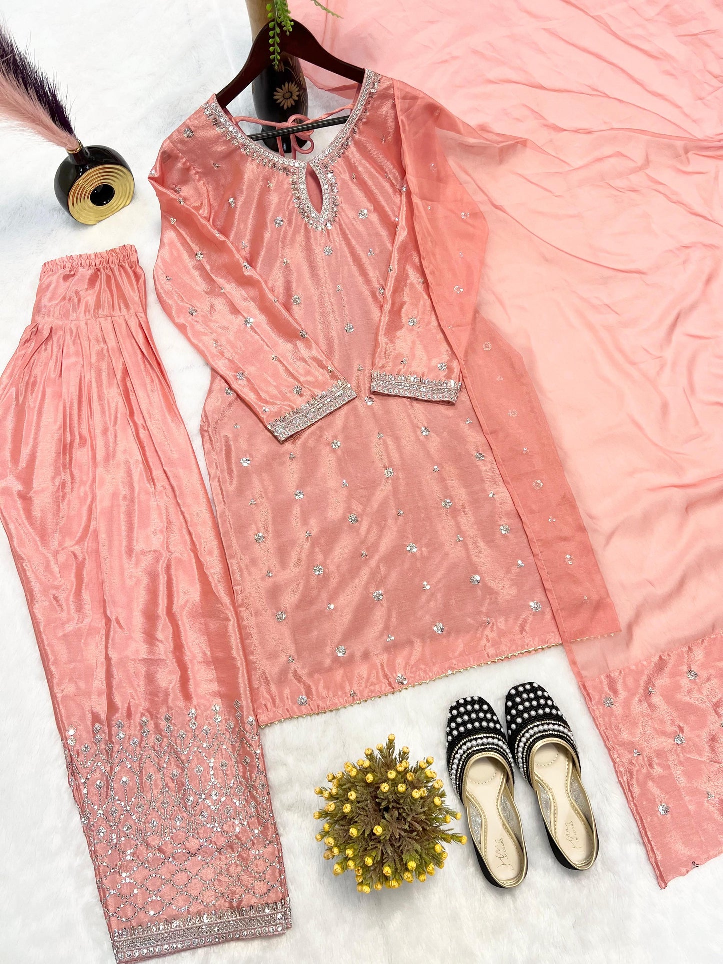 Peach Shehnai Designer Farshi Salwar Suit with Multi-Work Embroidery