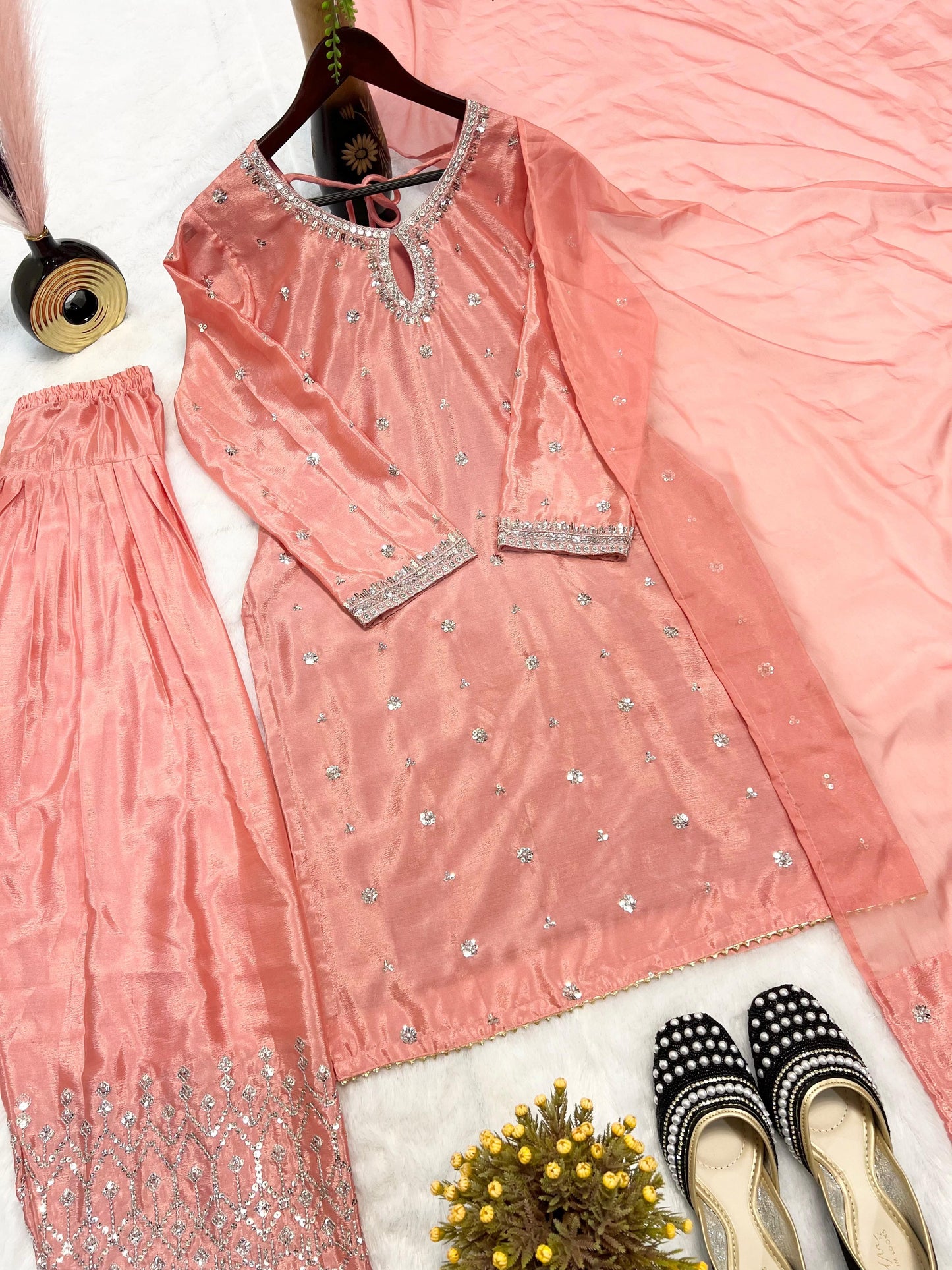 Peach Shehnai Designer Farshi Salwar Suit with Multi-Work Embroidery
