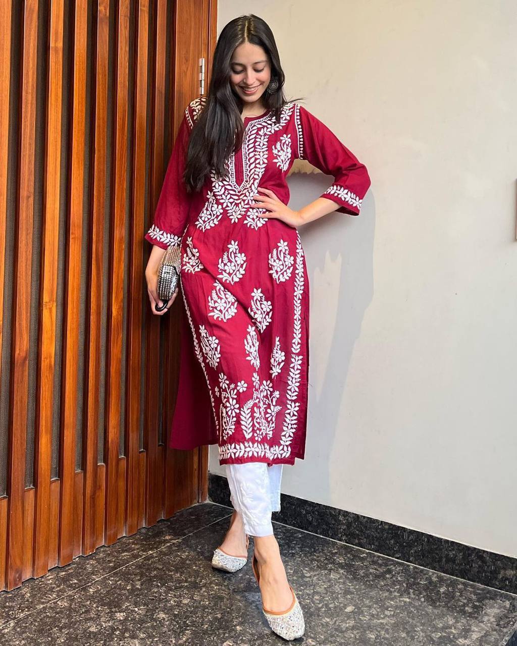 WOMEN CHIKAN EMBROIDERY Kurti_Pent Pair Design (MAROON) 56