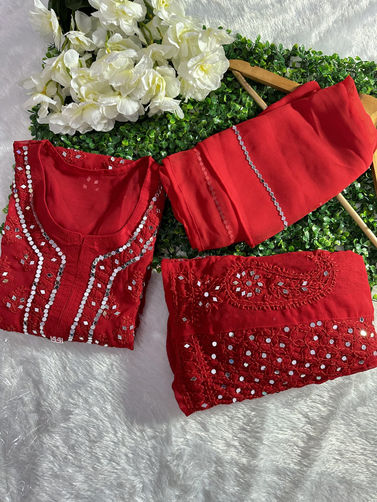 Red Karwa Chauth Special Chikankari Elegance Ombré Mirror Booti Jaal 3 pc Set plus Inner