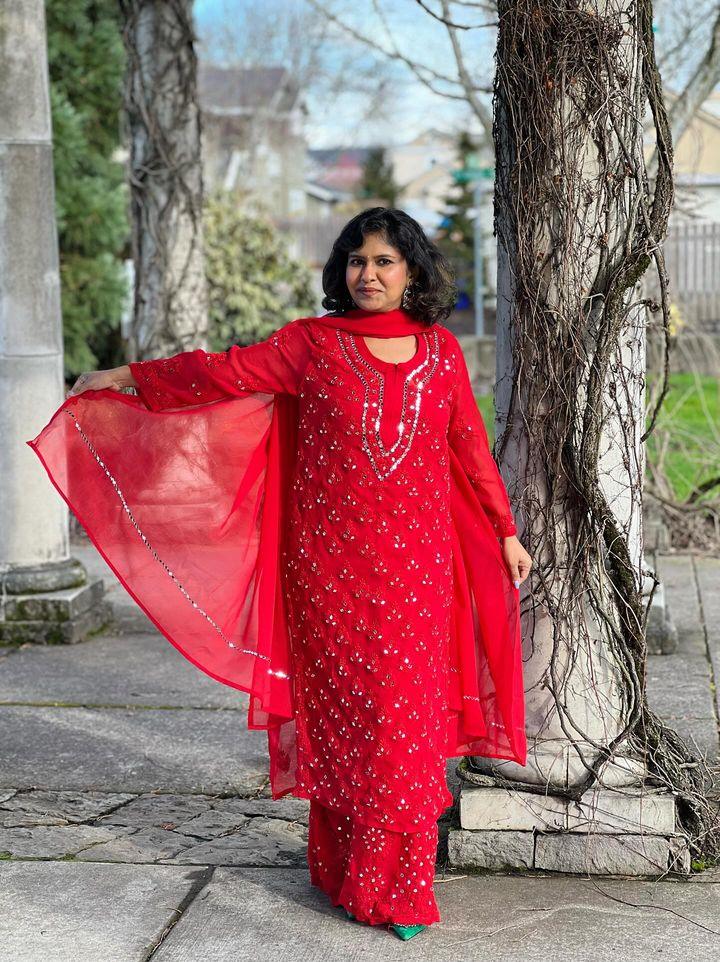 Red Karwa Chauth Special Chikankari Elegance Ombré Mirror Booti Jaal 3 pc Set plus Inner