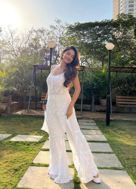 White Viscose Strappy Chikankari Handwork Short Kurti , Viscose Sharara, Chiffon Dupatta