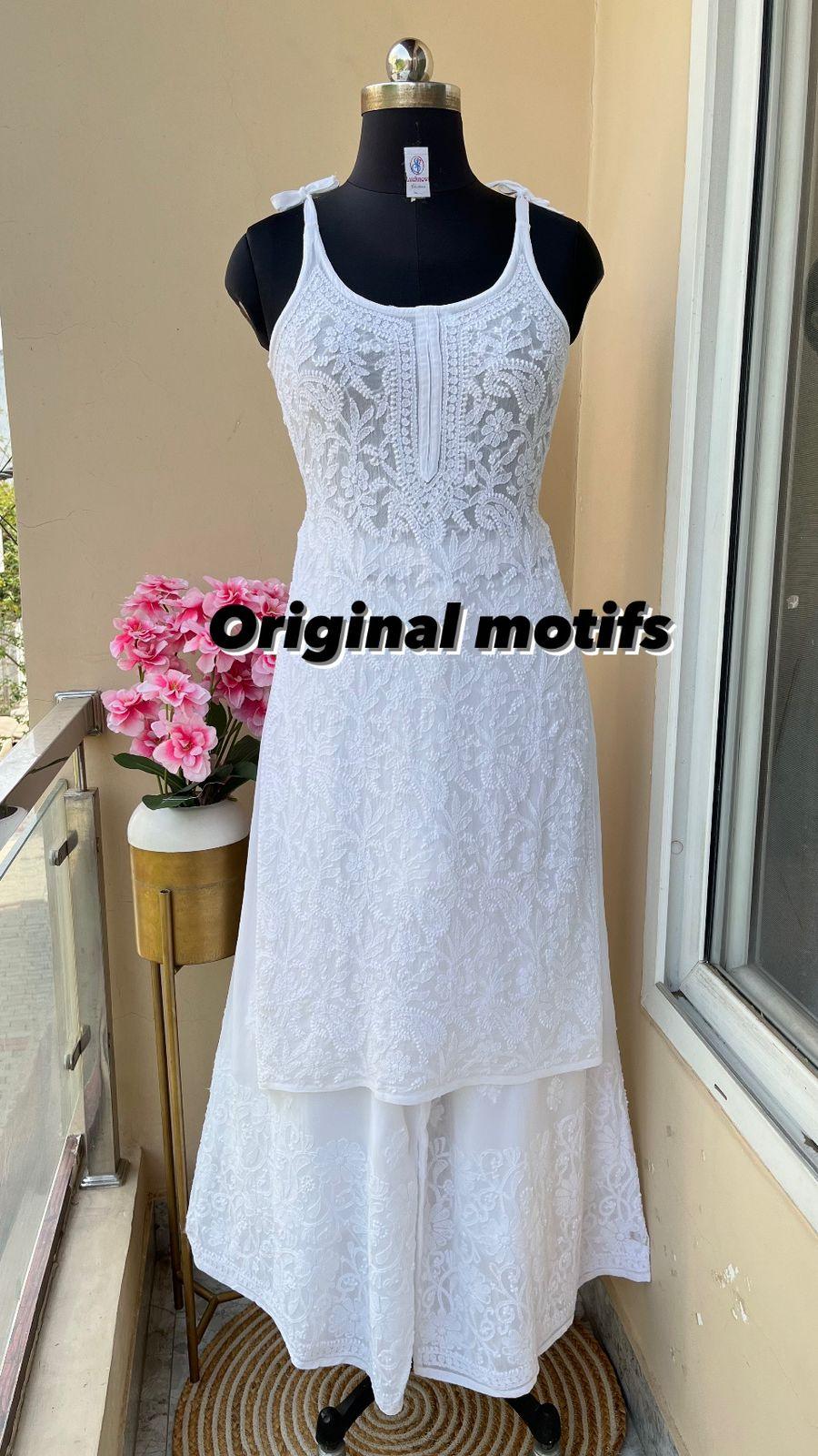 White Viscose Strappy Chikankari Handwork Short Kurti , Viscose Sharara, Chiffon Dupatta