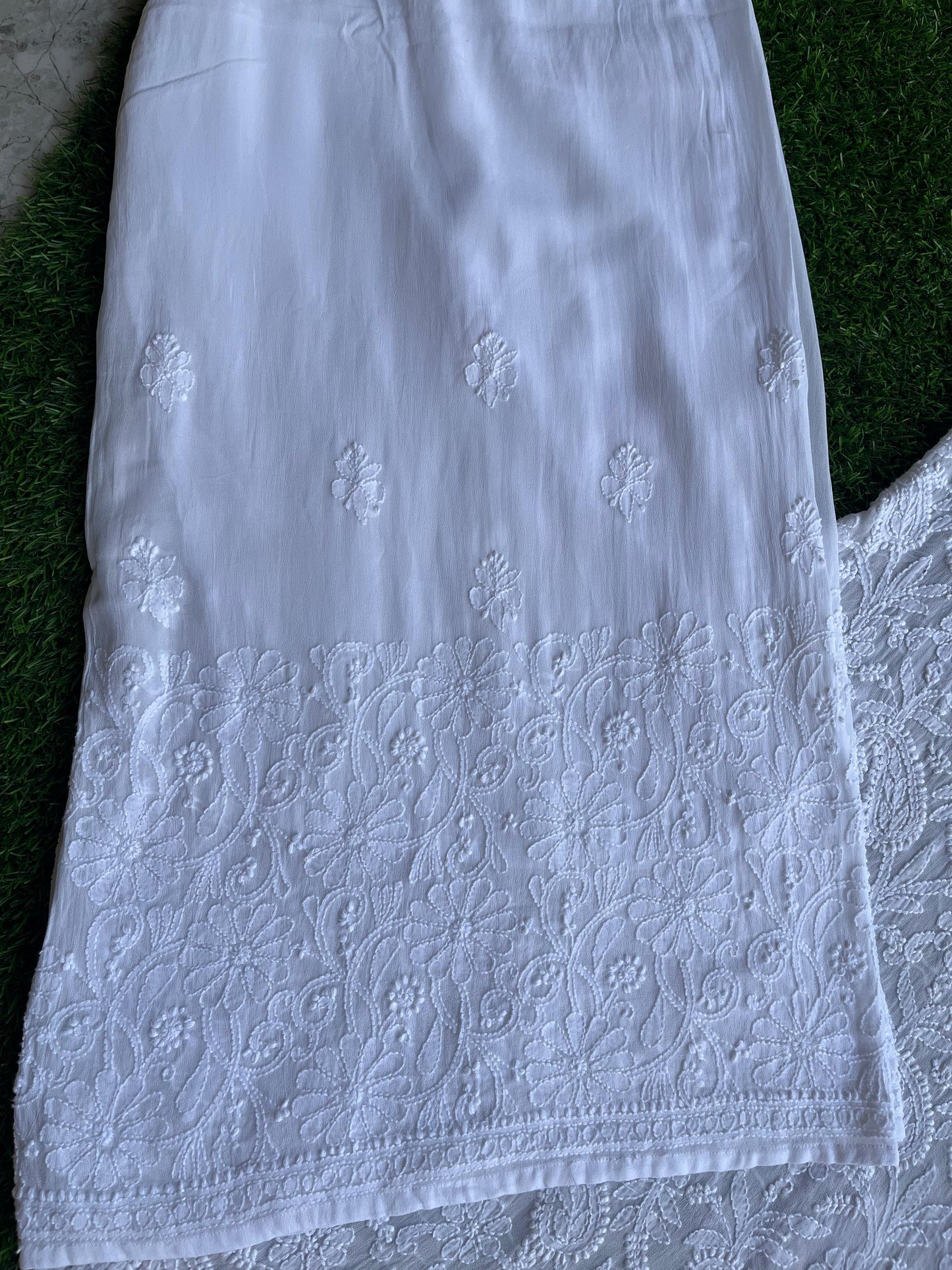 White Viscose Strappy Chikankari Handwork Short Kurti , Viscose Sharara, Chiffon Dupatta