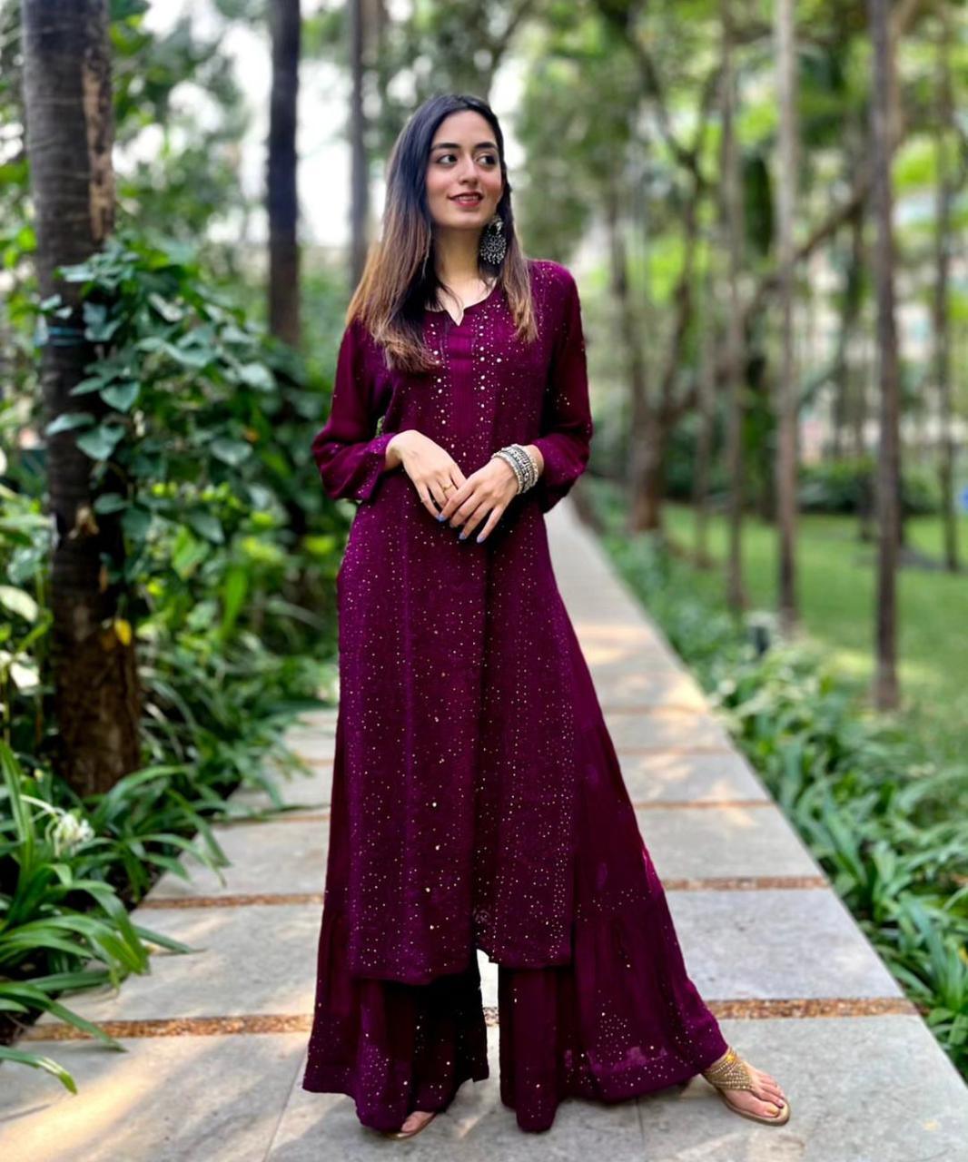 Wine Luxe Chikankari Bliss: Premium Viscose Set with Sharara