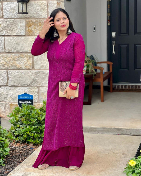 Wine Luxe Chikankari Bliss: Premium Viscose Set with Sharara