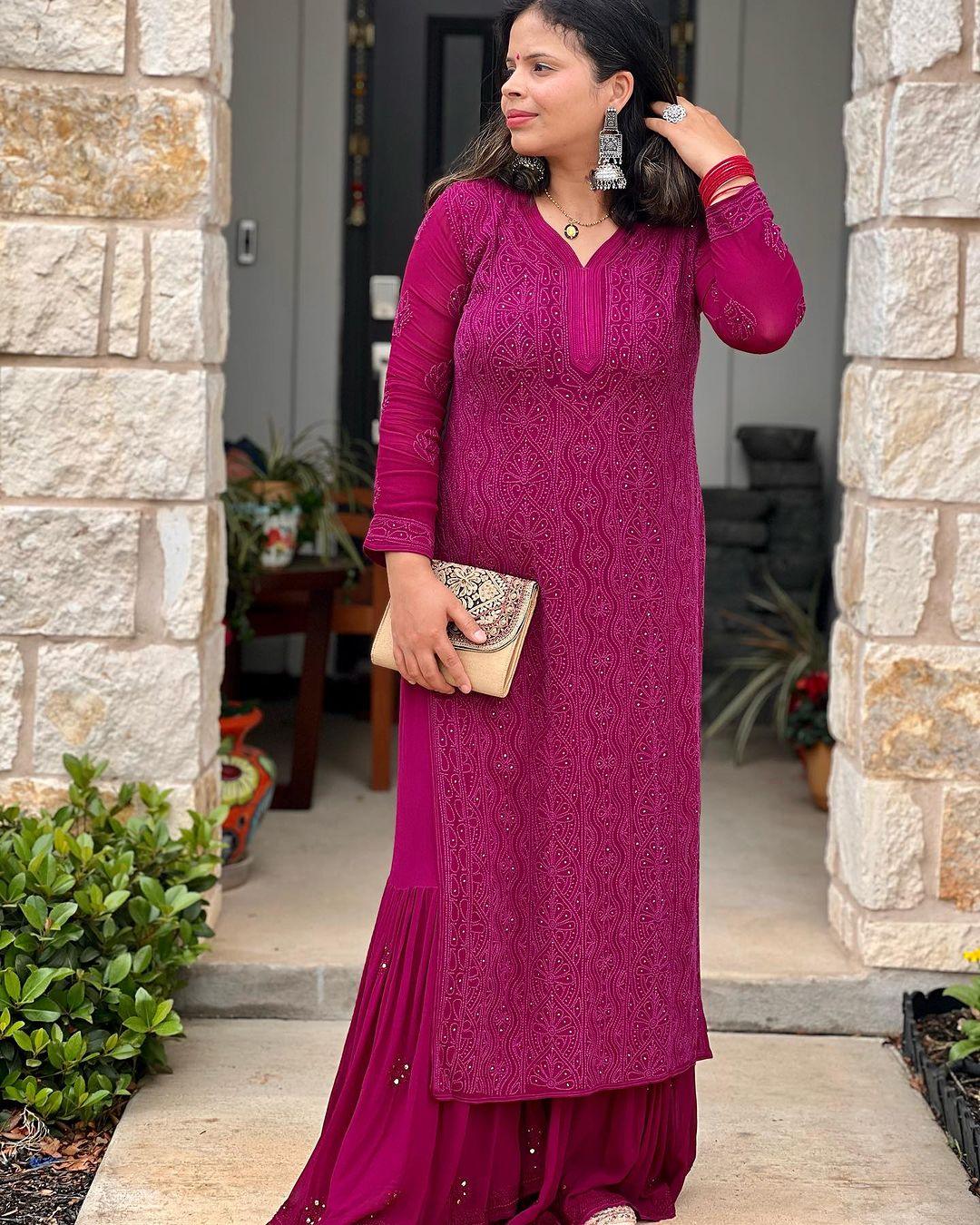 Wine Luxe Chikankari Bliss: Premium Viscose Set with Sharara
